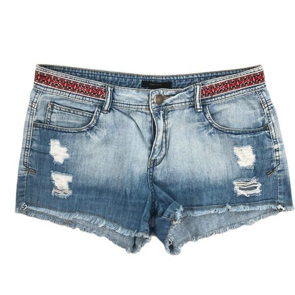 FOREVER 21 Womens Shorts Large Blue Whisker Denim Distressed Embellished Waist - Picture 1 of 11